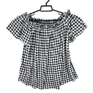 Womens Signature Studio Black & White Gingham Off-Shoulder Top Short Sleeve L